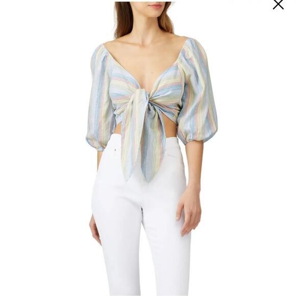 Moon River Tie Front Balloon Sleeve Top - Picture 2 of 8